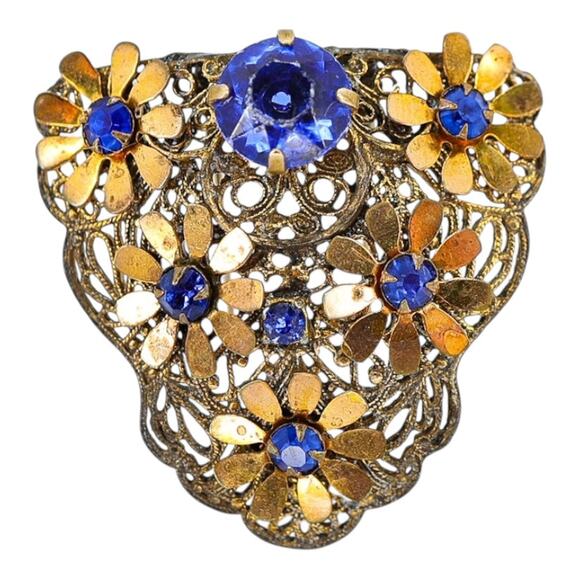 Vintage 1930s Blue Rhinestone Filigree Brass Flora Fur Clip / Dress Clip - Picture 1 of 11